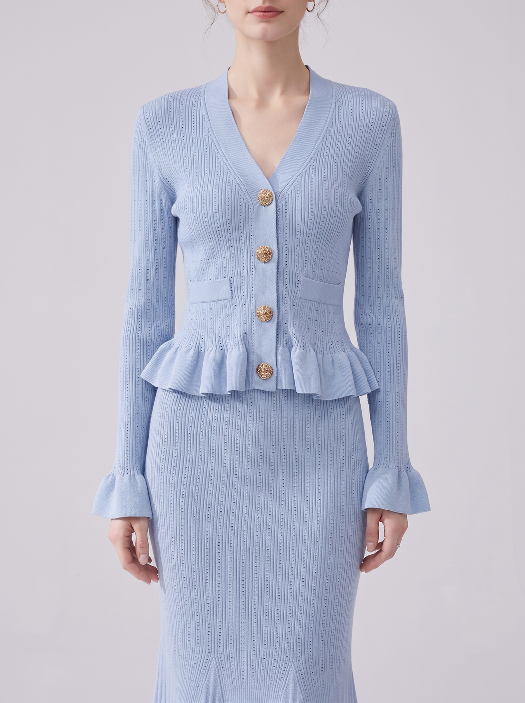 Reagan Ribbed Knit Peplum Cardigan Midi Skirt Set