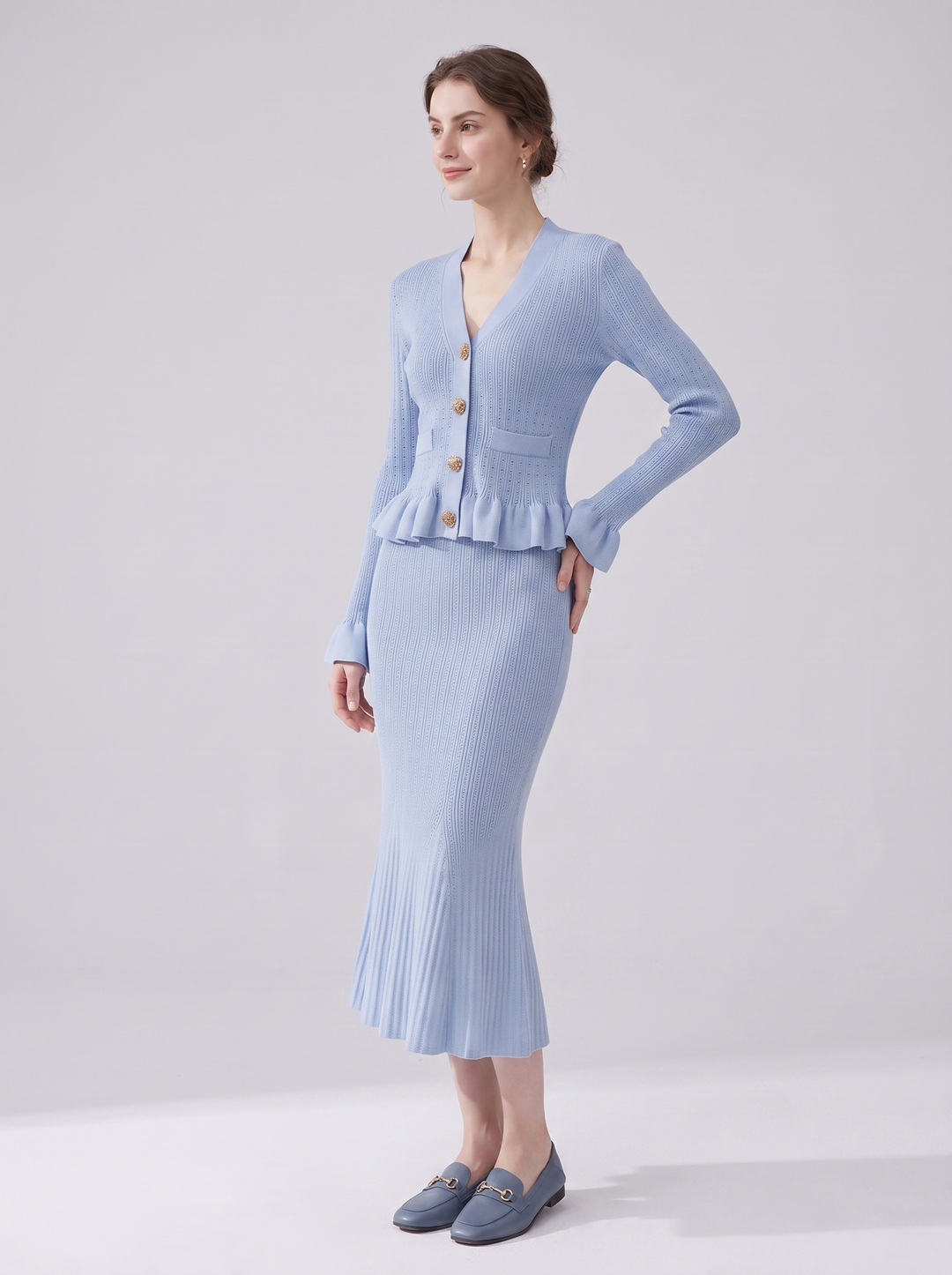 Reagan Ribbed Knit Peplum Cardigan Midi Skirt Set