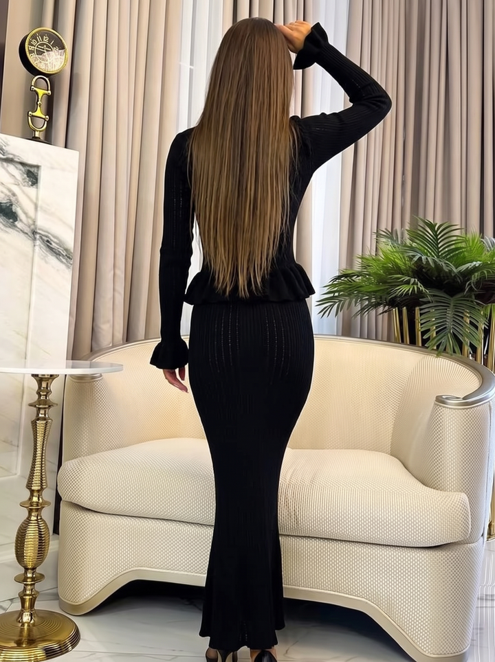 Reagan Ribbed Knit Peplum Cardigan Midi Skirt Set