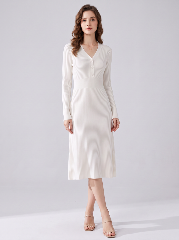 Saylor Button Front Ribbed Sweater Midi Dress