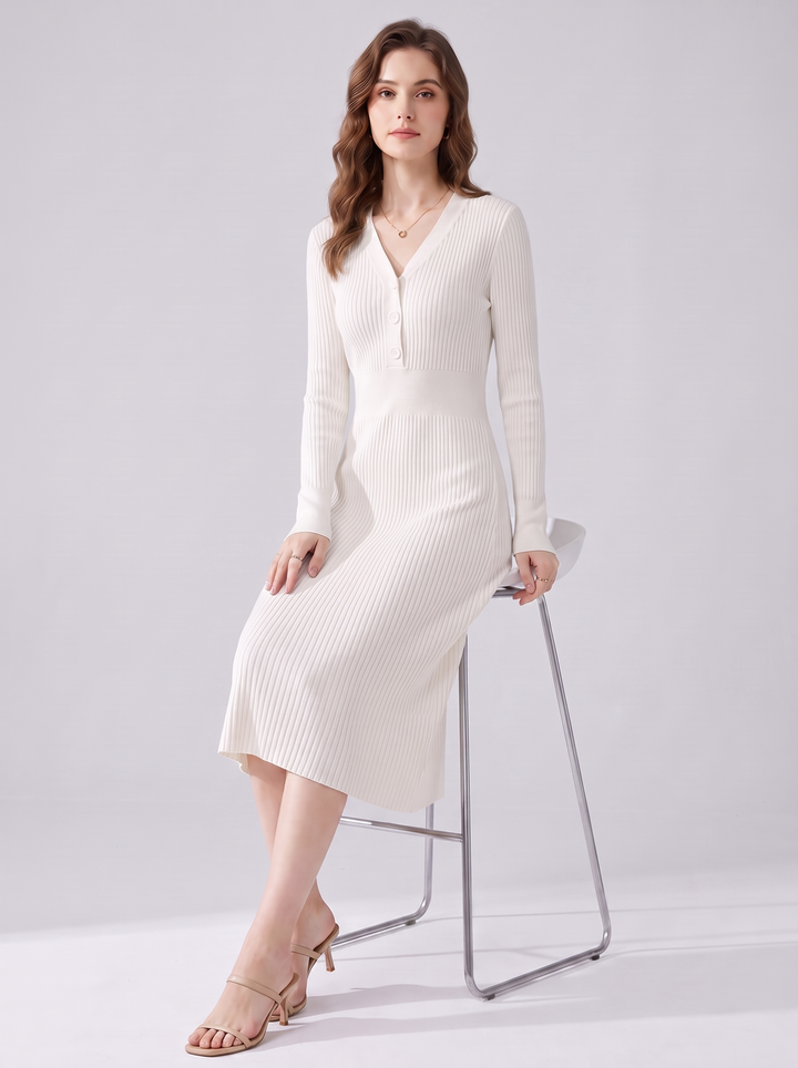 Saylor Button Front Ribbed Sweater Midi Dress