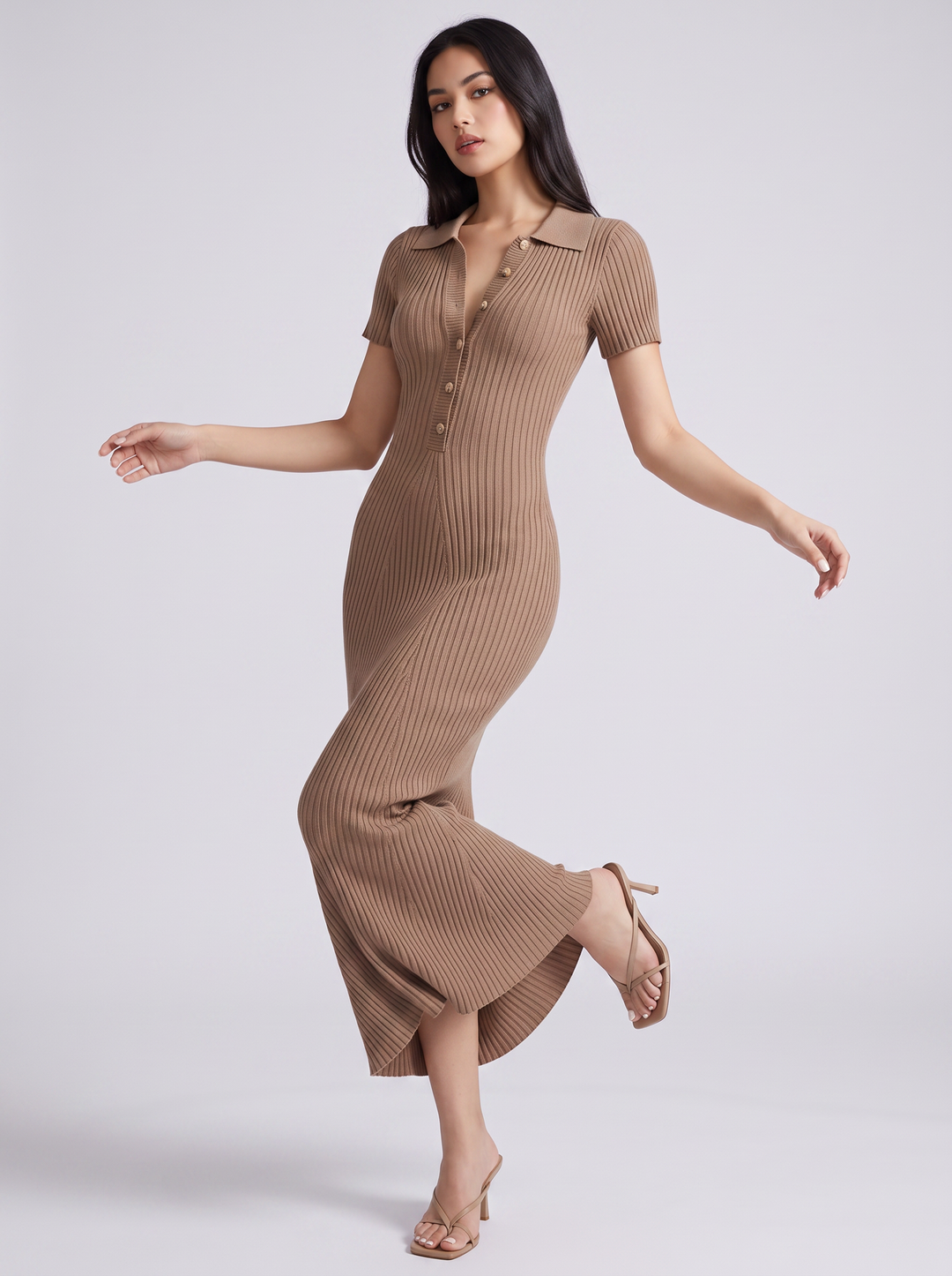 Teagan Ribbed Polo Button Front Sweater Midi Dress