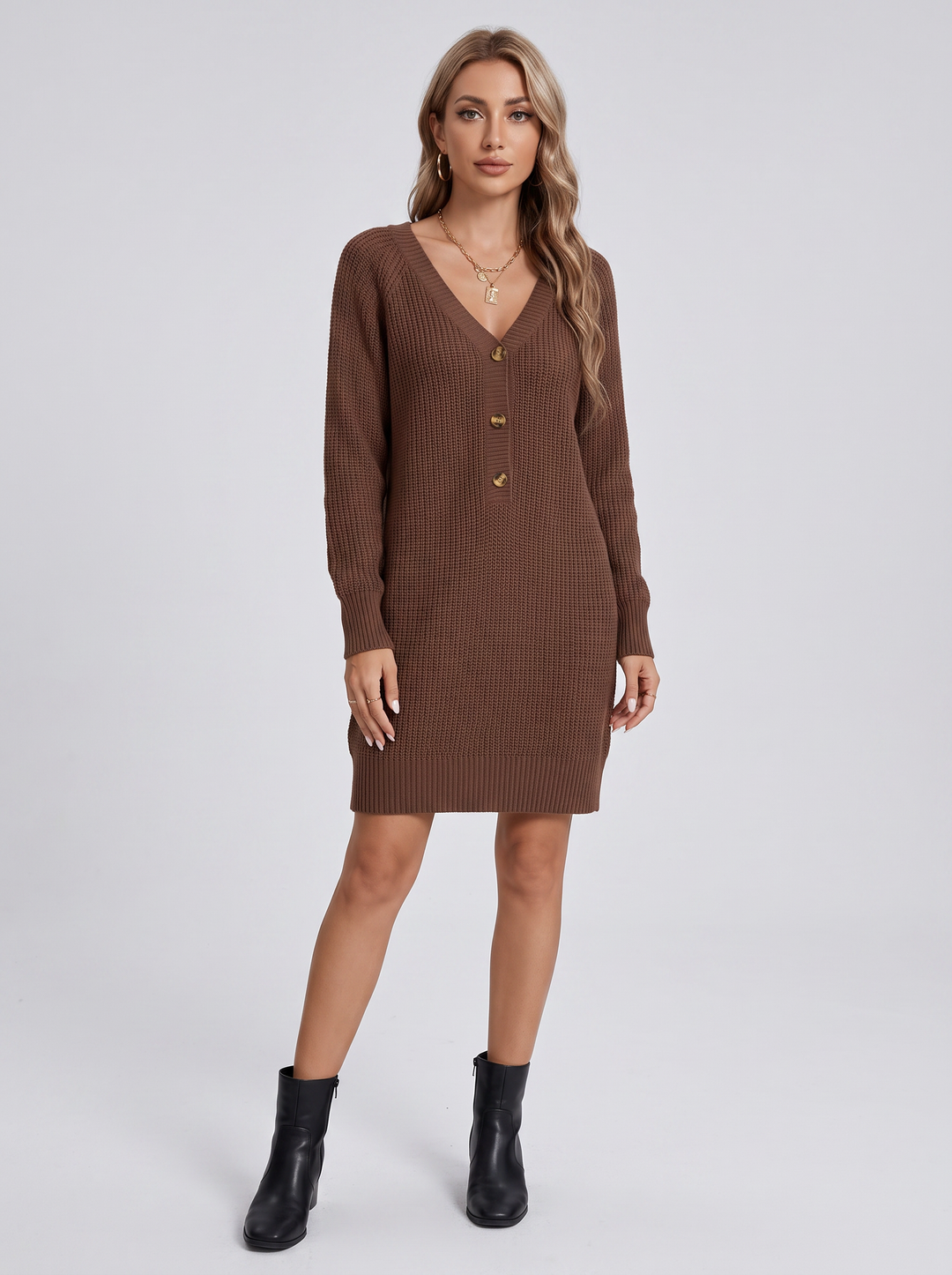 Blakely Button Front V-Neck Sweater Mini Dress