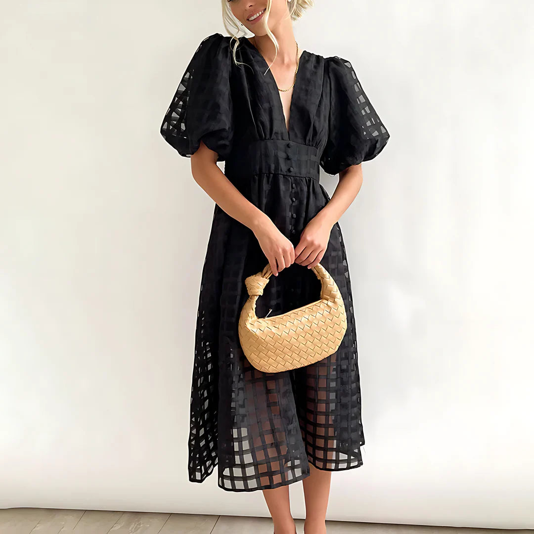 Agnella Puff Sleeve Lightweight Summer Midi Dress