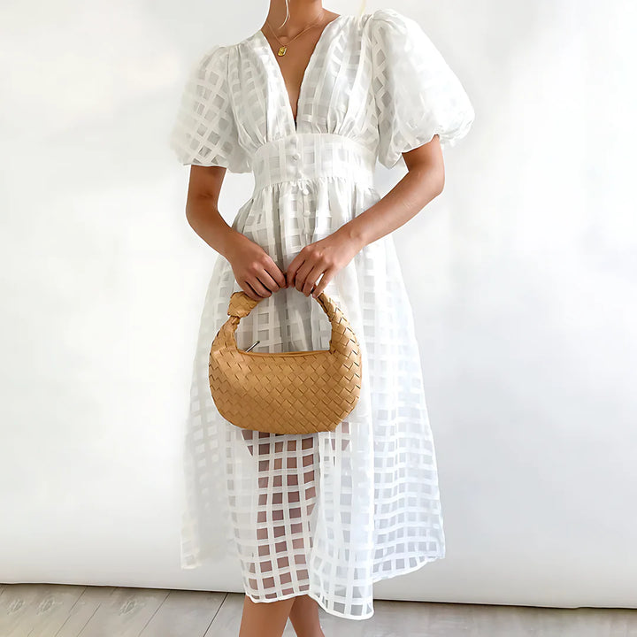 Agnella Puff Sleeve Lightweight Summer Midi Dress