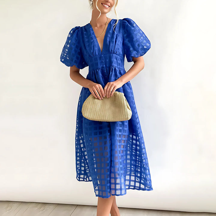 Agnella Puff Sleeve Lightweight Summer Midi Dress