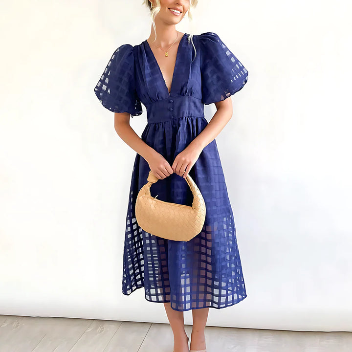 Agnella Puff Sleeve Lightweight Summer Midi Dress