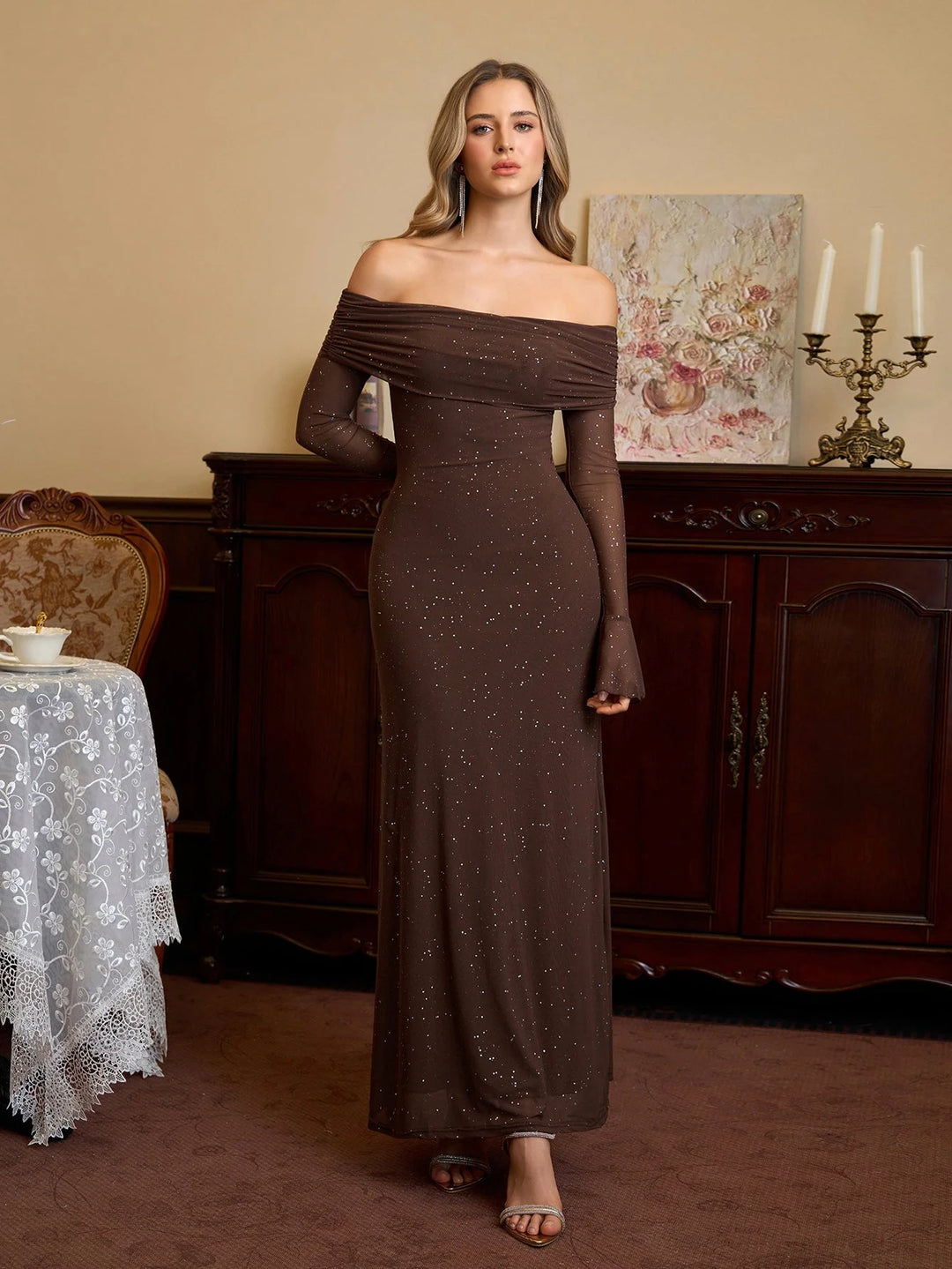 Charlotte Sequin Off-Shoulder Maxi Dress