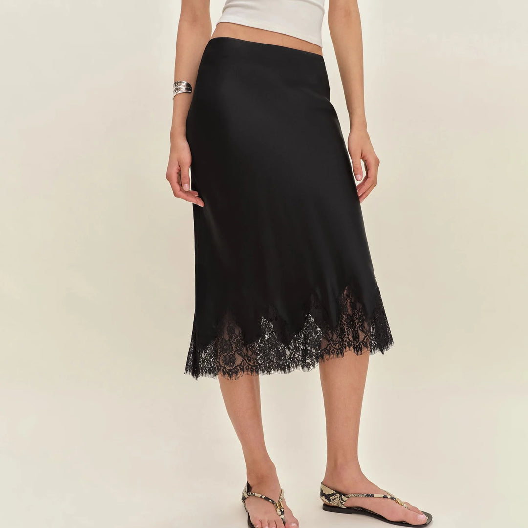 Adelora Polka Dot Lace Trim Satin Midi Skirt
