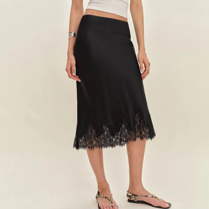 Adelora Polka Dot Lace Trim Satin Midi Skirt