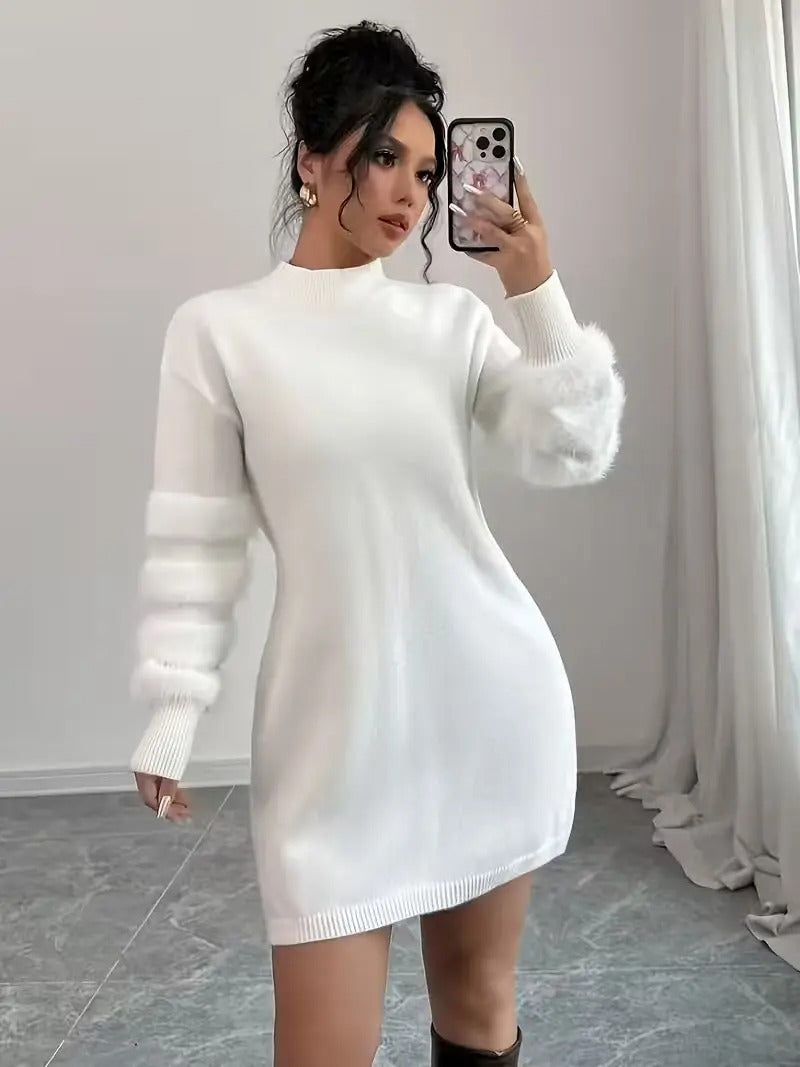 Hailyn Fuzzy Sleeve Mock Neck Sweater Mini Dress