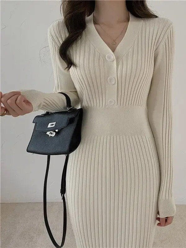 Saylor Button Front Ribbed Sweater Midi Dress