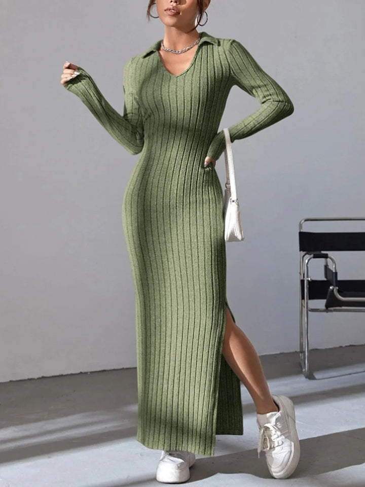 Kinsley Ribbed Collared Long Sleeve Sweater Maxi Dress