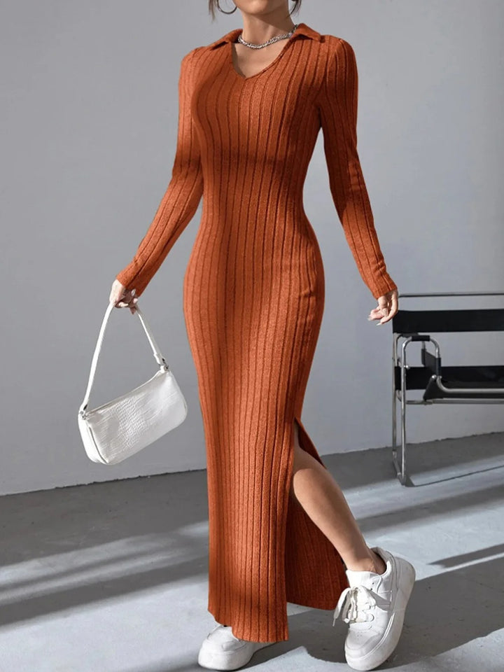 Kinsley Ribbed Collared Long Sleeve Sweater Maxi Dress