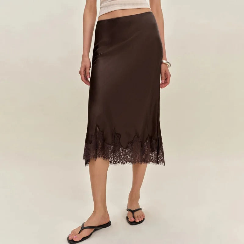 Adelora Polka Dot Lace Trim Satin Midi Skirt