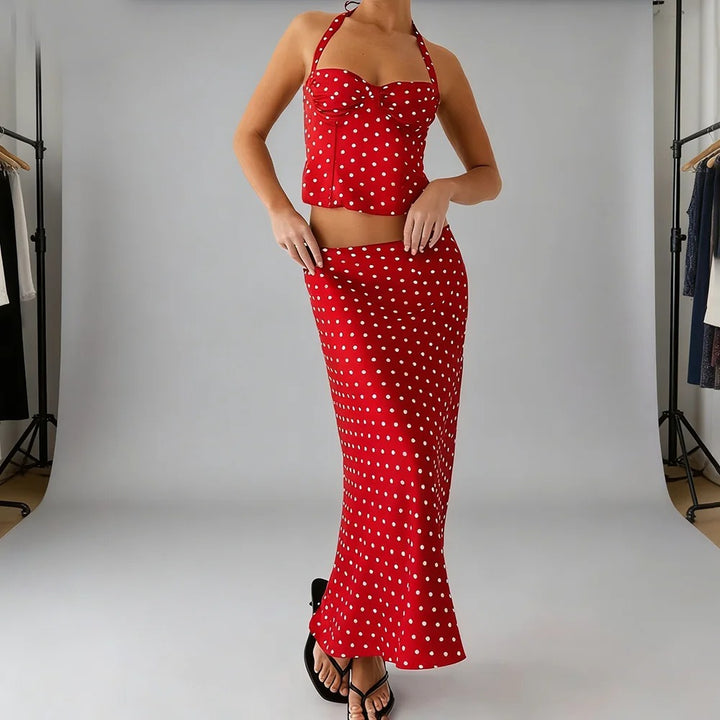 Luravie Polka Dot Summer Maxi Skirt Set