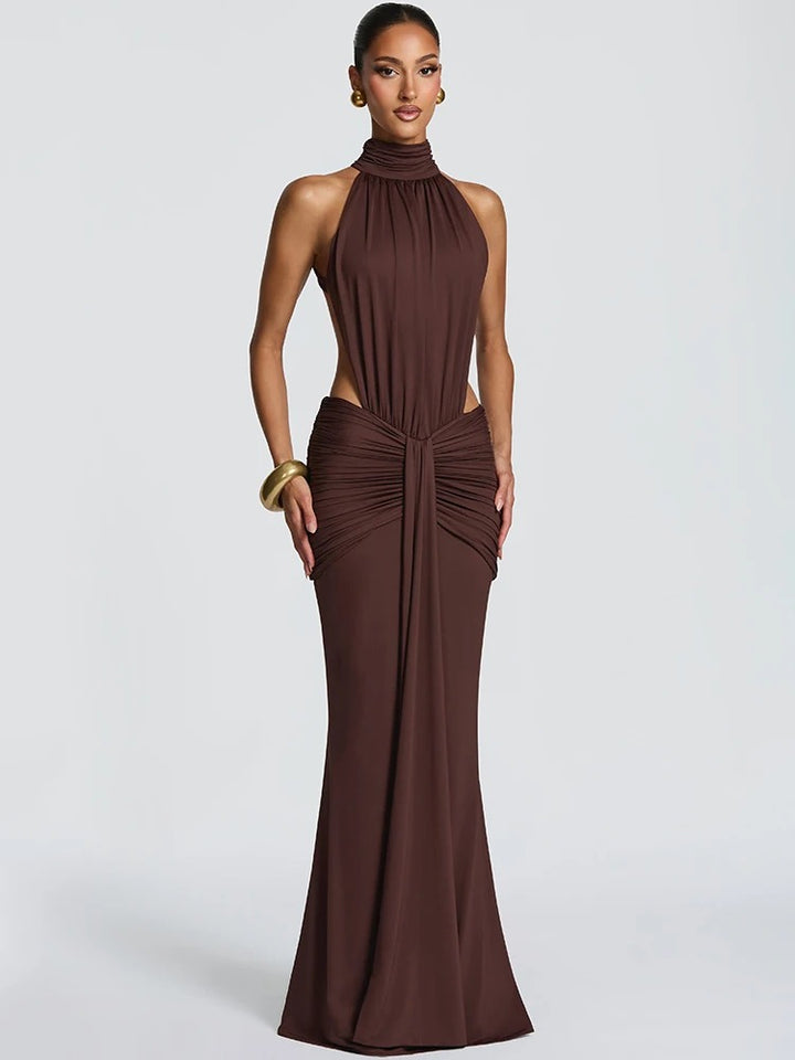 Catalina Ruched Halter Wedding Guest Maxi Dress