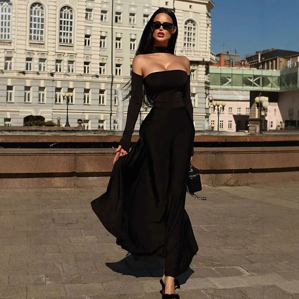 Elysienne Bardot Black Tie Wedding Guest Maxi Dress