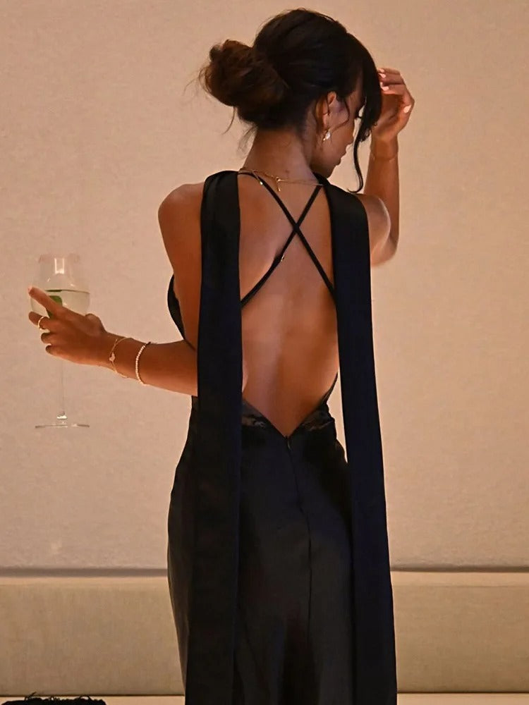 Noiré Lace Panel Satin Evening Maxi Dress