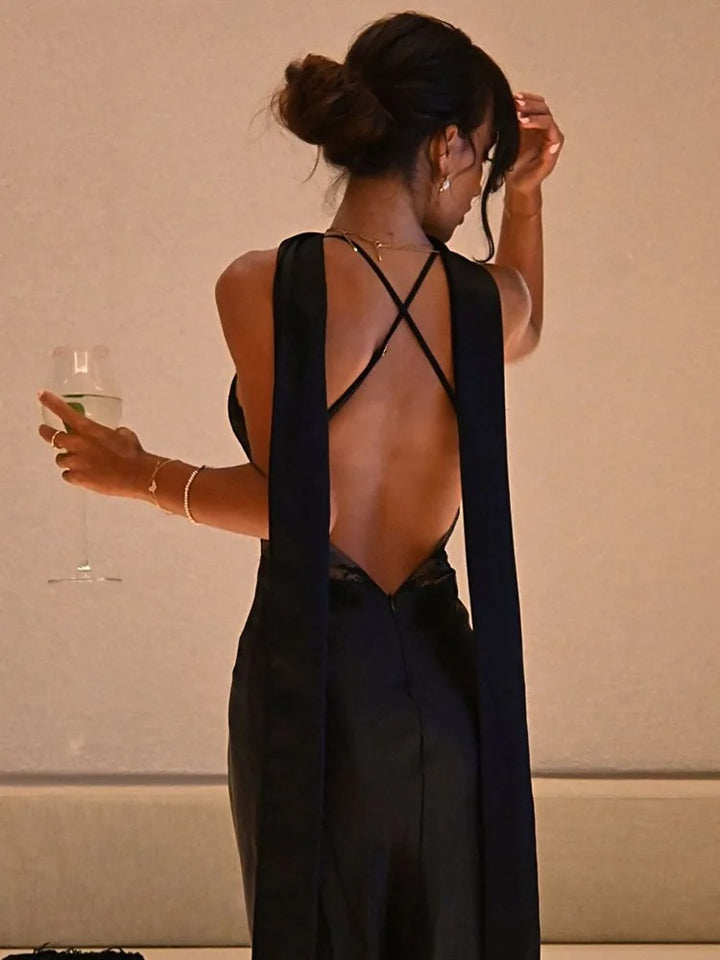 Noiré Lace Panel Satin Evening Maxi Dress
