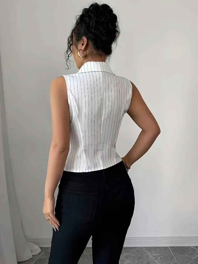 Arlienne Stripe Tailored Sleeveless Button Blouse