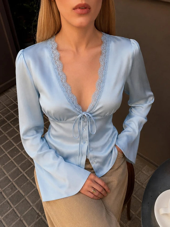 Seralina Satin Lace Trim Tie Front Blouse