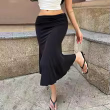 Rosavina Ruched Satin Summer Midi Skirt