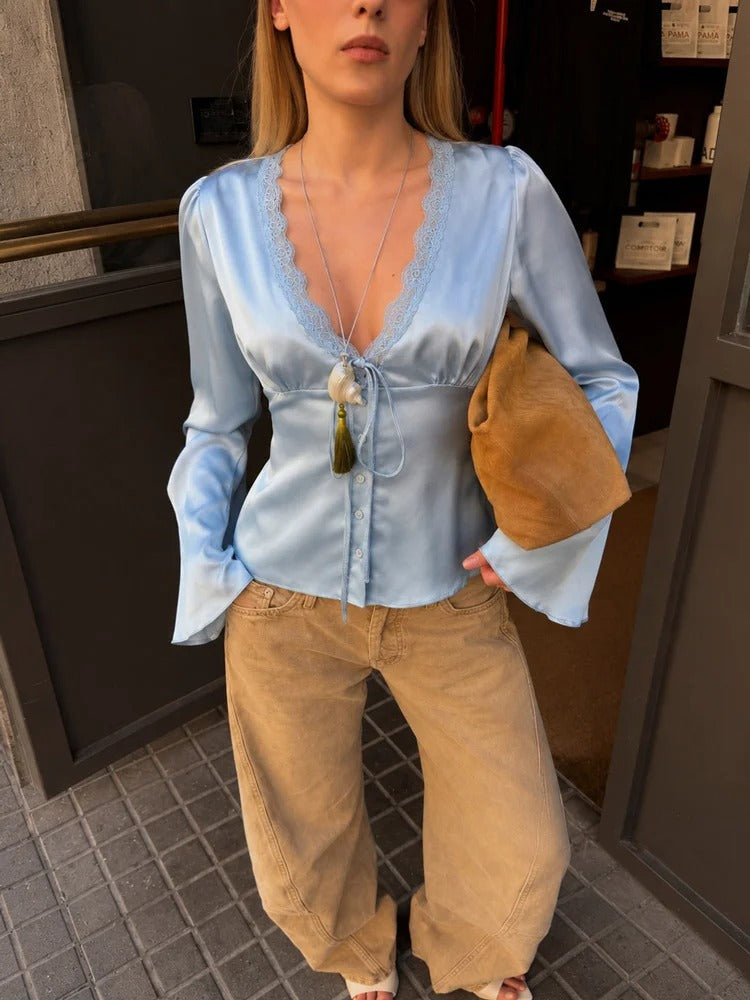 Seralina Satin Lace Trim Tie Front Blouse