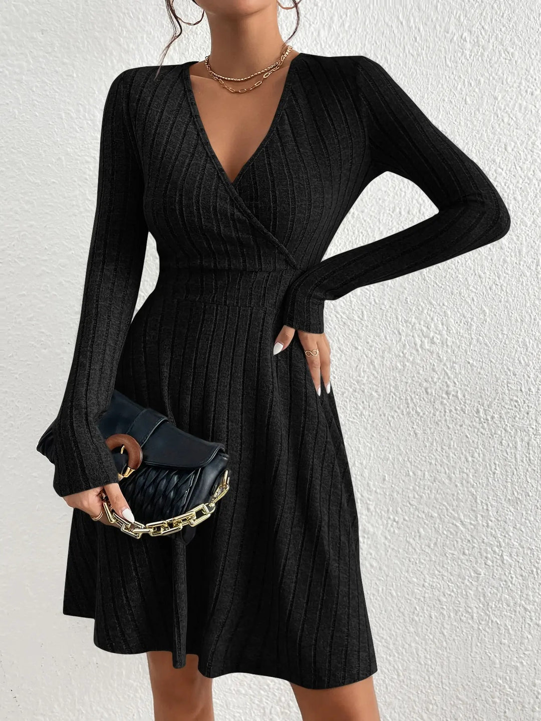 Sutton Ribbed Wrap V-Neck Sweater Mini Dress