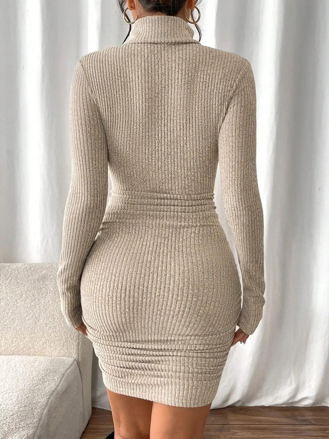 Oakley Ruched Turtleneck Ribbed Sweater Mini Dress