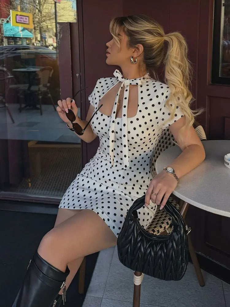 Veravelle Polka Dot Tie Neck Mini Dress