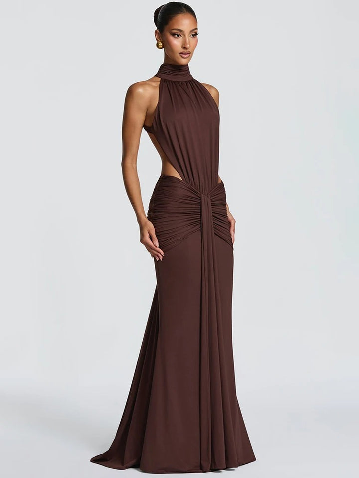 Catalina Ruched Halter Wedding Guest Maxi Dress