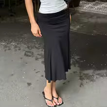 Rosavina Ruched Satin Summer Midi Skirt