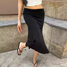 Rosavina Ruched Satin Summer Midi Skirt