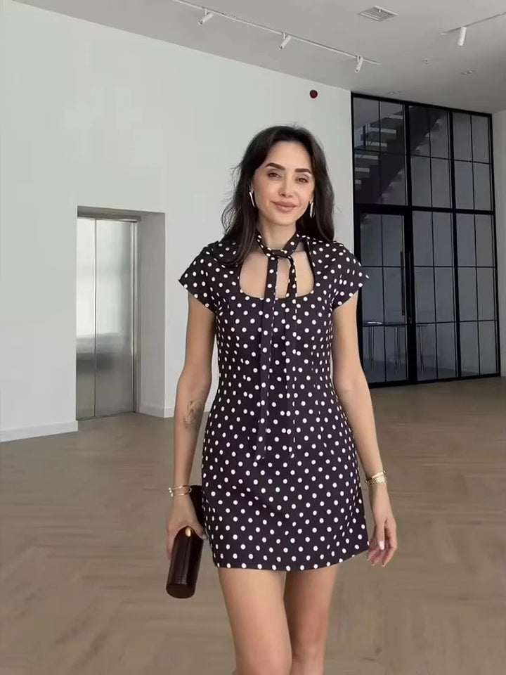 Veravelle Polka Dot Tie Neck Mini Dress