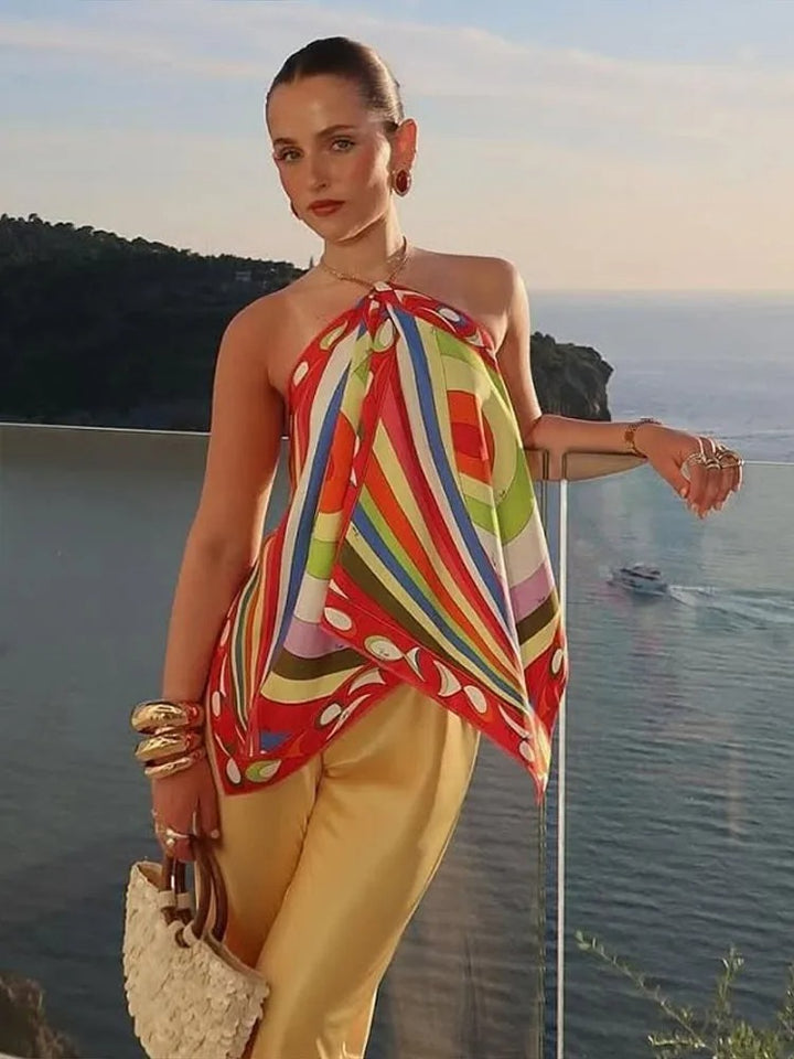 Renavie Printed Scarf Halter Summer Top