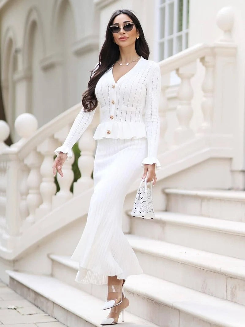 Reagan Ribbed Knit Peplum Cardigan Midi Skirt Set