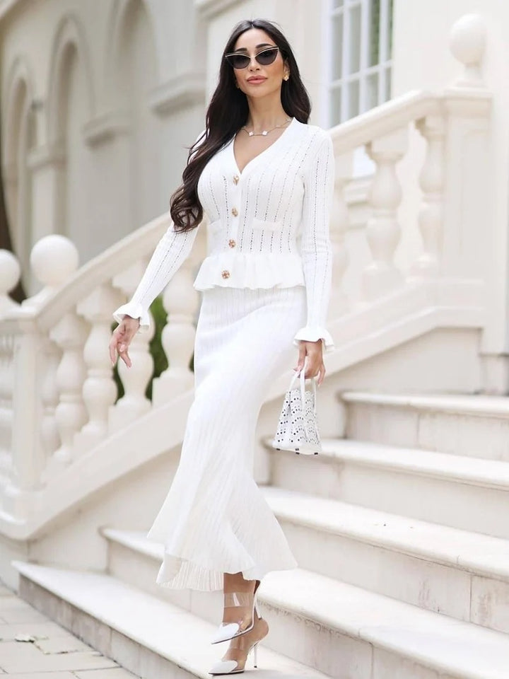 Reagan Ribbed Knit Peplum Cardigan Midi Skirt Set