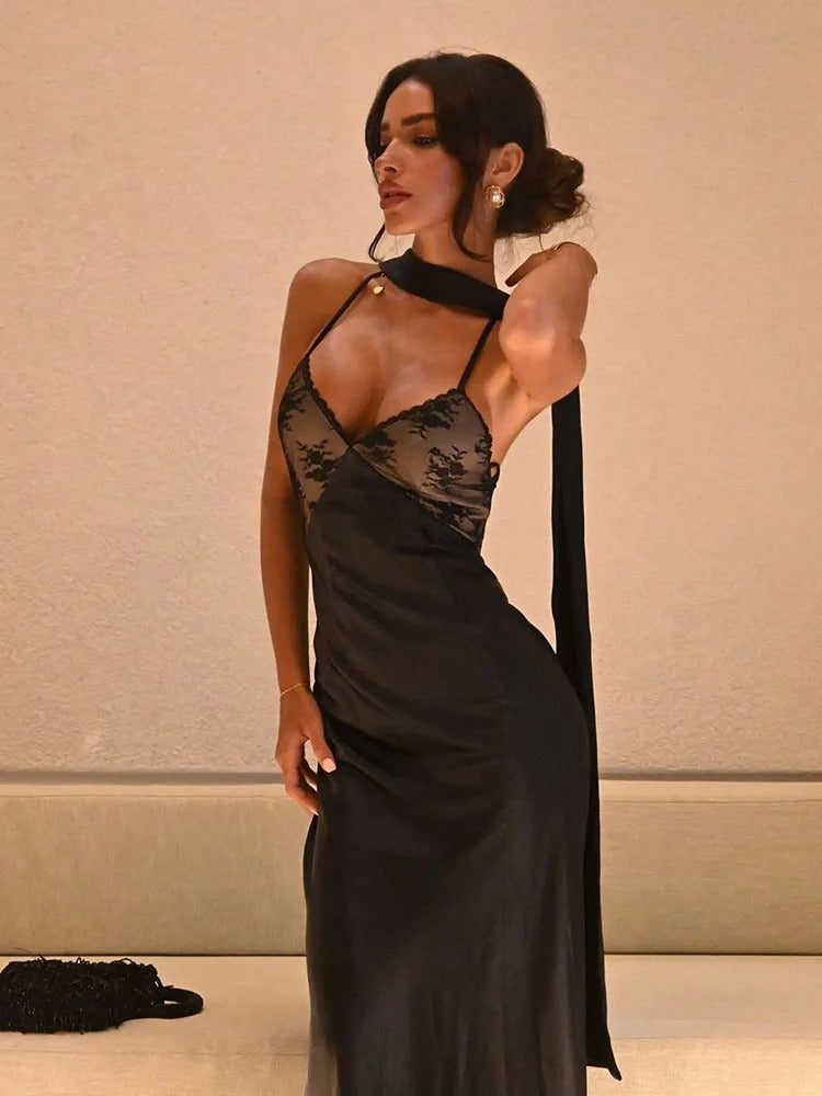 Noiré Lace Panel Satin Evening Maxi Dress