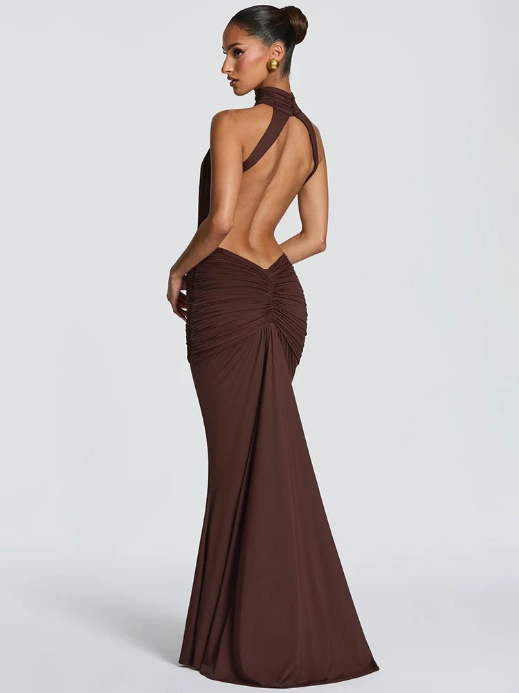 Catalina Ruched Halter Wedding Guest Maxi Dress