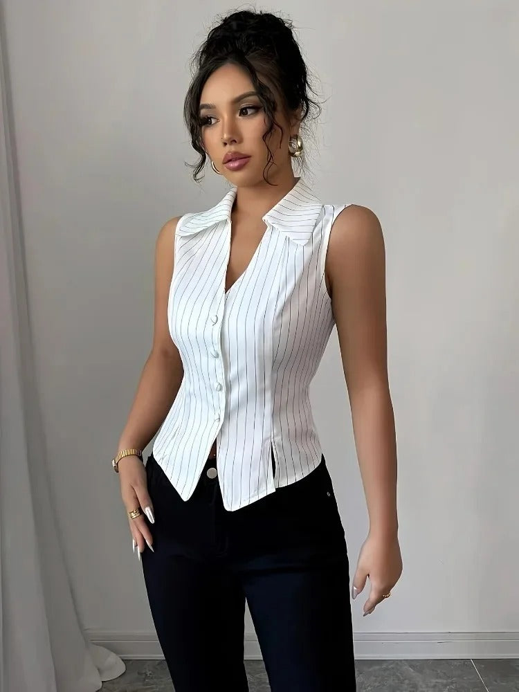 Arlienne Stripe Tailored Sleeveless Button Blouse