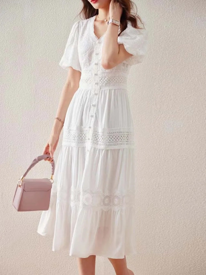 Corielle Flutter Sleeve Eyelet Wedding Guest Midi Dress