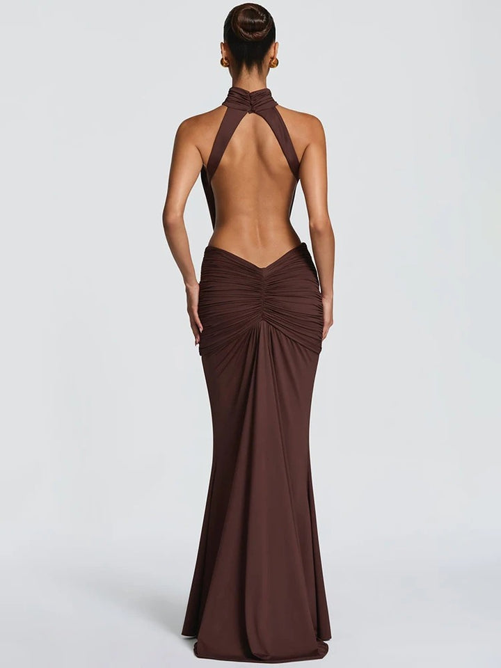 Catalina Ruched Halter Wedding Guest Maxi Dress