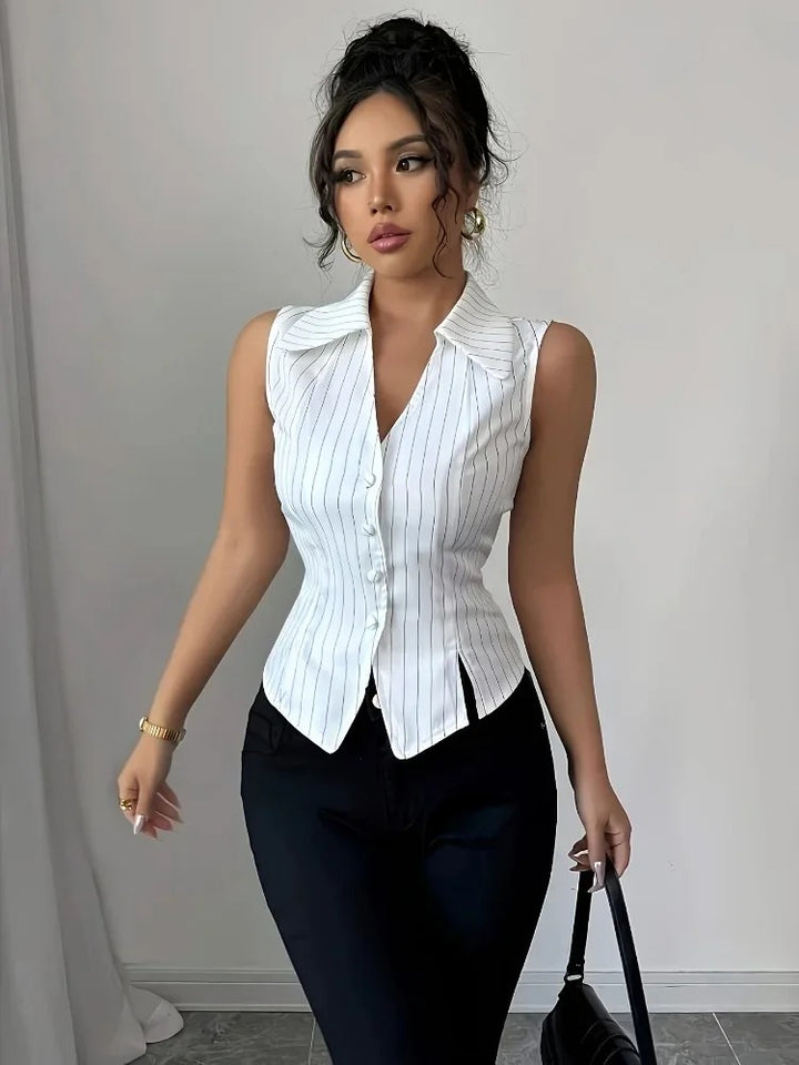 Arlienne Stripe Tailored Sleeveless Button Blouse