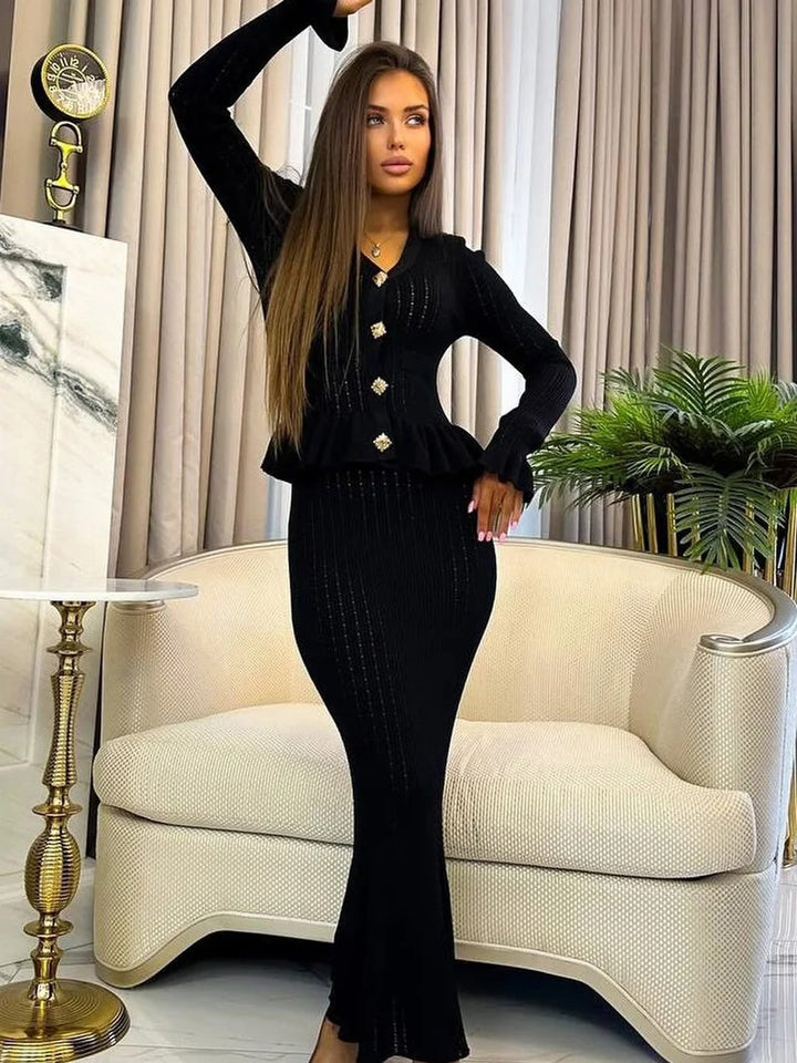 Reagan Ribbed Knit Peplum Cardigan Midi Skirt Set