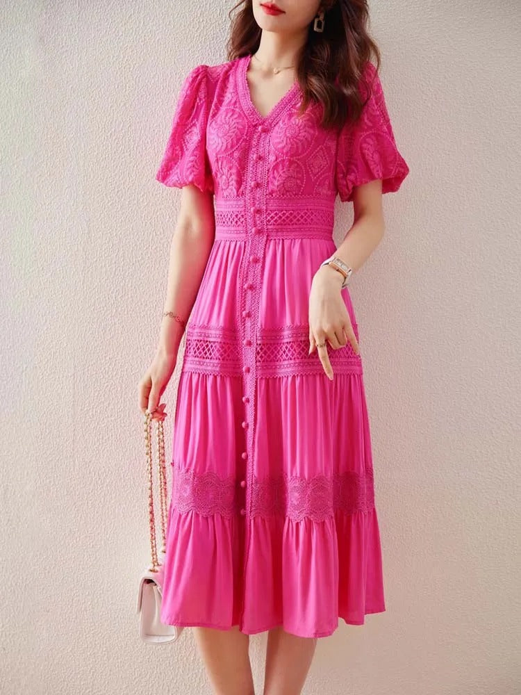 Corielle Flutter Sleeve Eyelet Wedding Guest Midi Dress