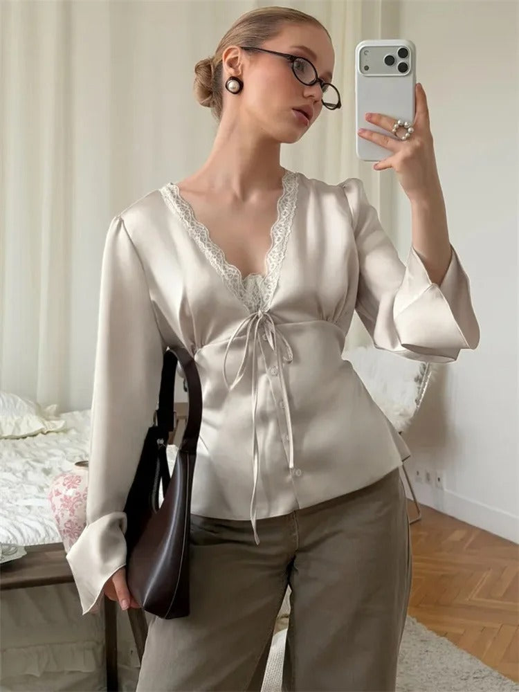 Seralina Satin Lace Trim Tie Front Blouse