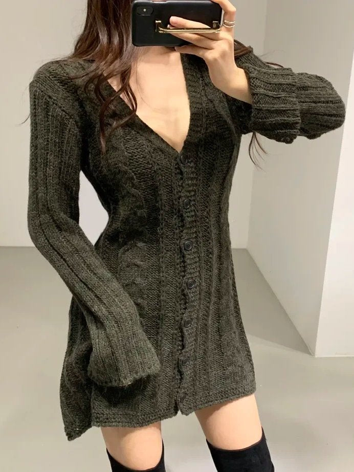 Everlyn Cable Knit Button Front Sweater Mini Dress
