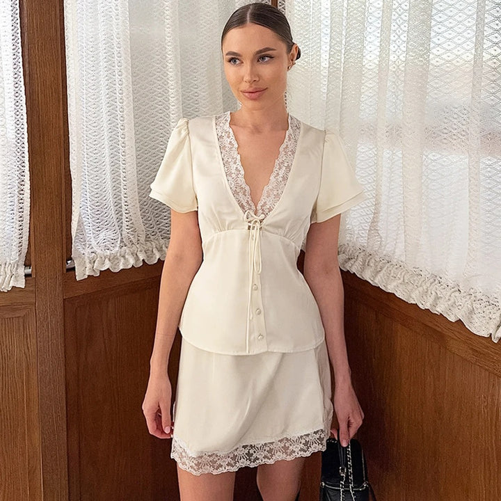 Odalisse Lace Trim Summer Top And Skirt Set