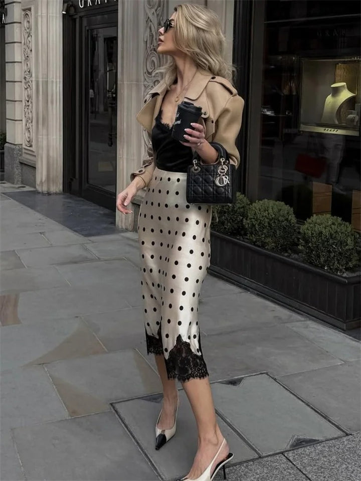 Adelora Polka Dot Lace Trim Satin Midi Skirt